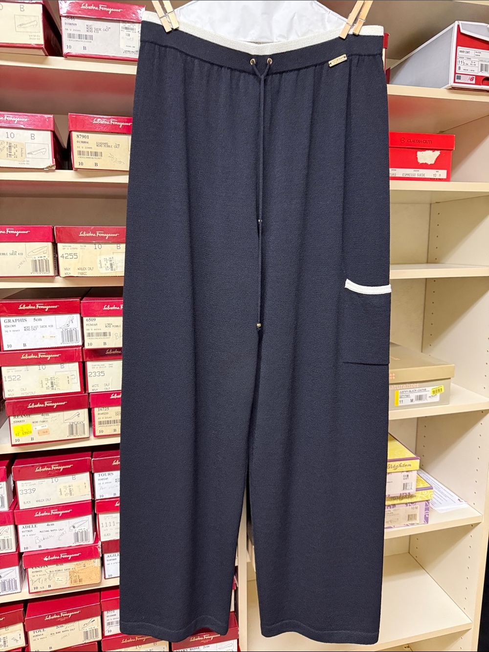 St. John Sport Black Wide-Leg Knit Trousers with white contrast and gold details